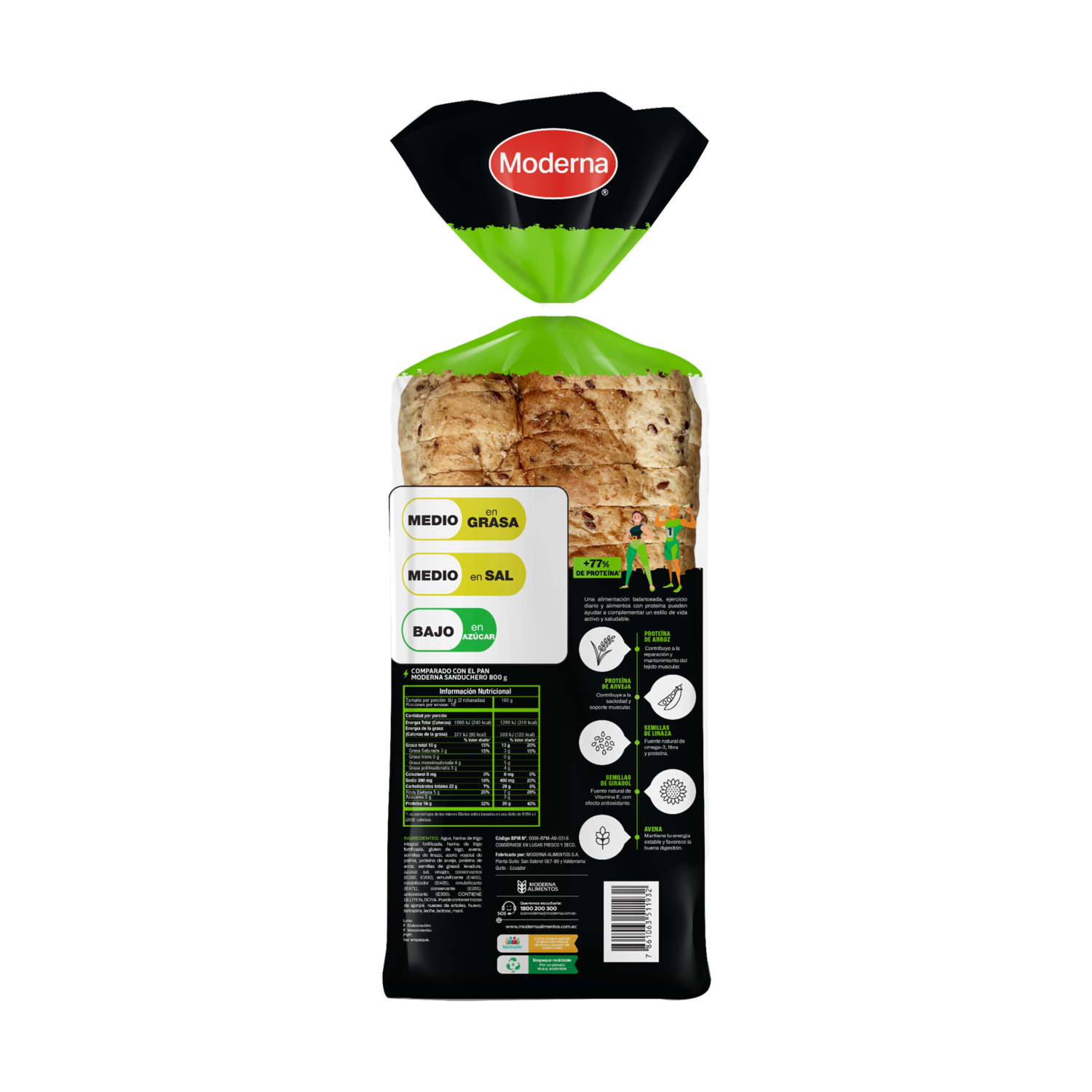 Pan Integral Extra Proteína Sanduchero MODERNA 800 G
