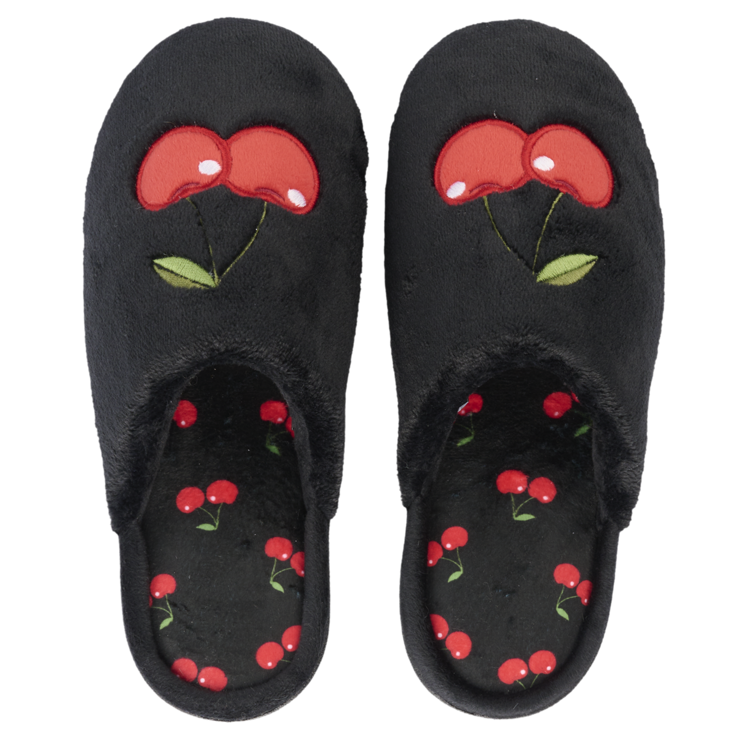 Pantuflas Negra Capellada Bordado Cereza. Sin Talón Suela Antideslizante CM ESENCIAL
