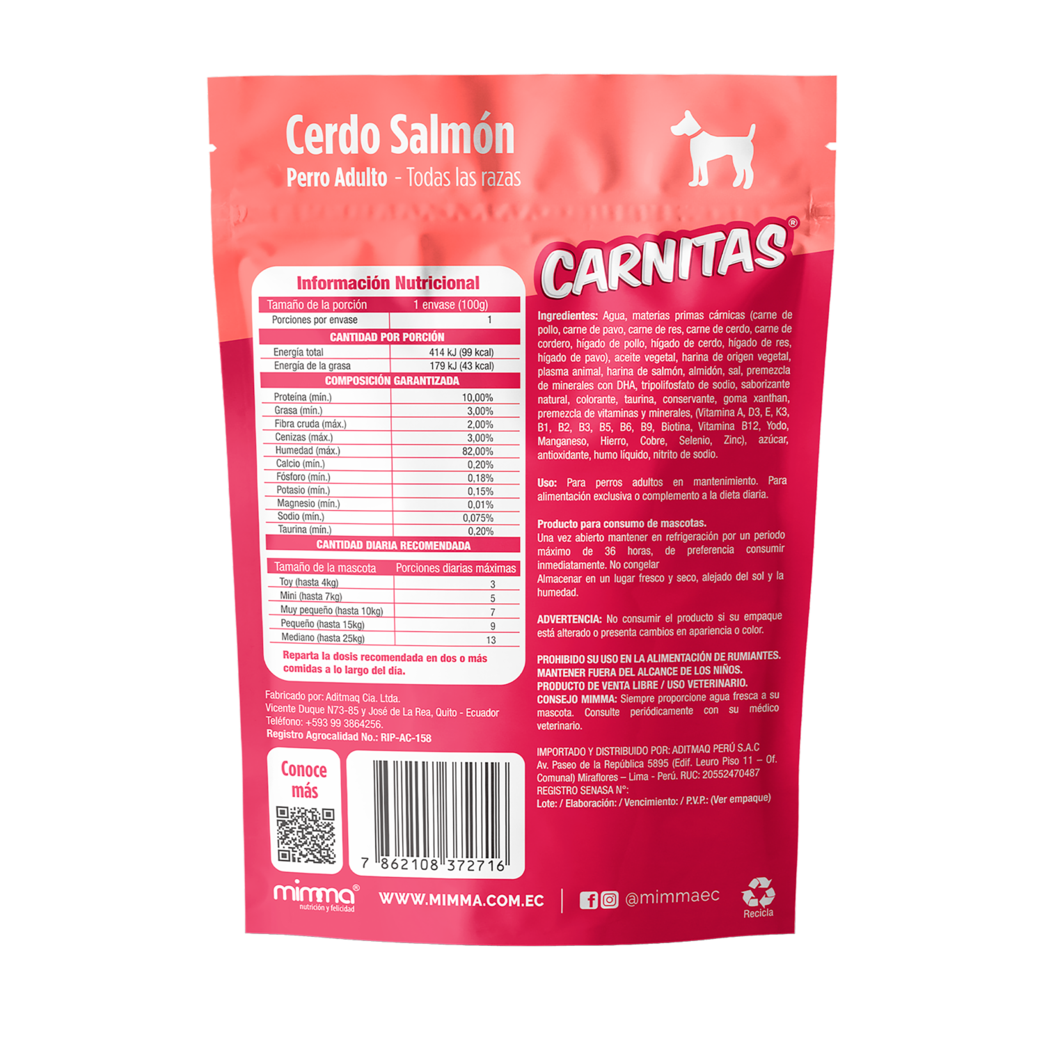 Alimento Húmedo Para Perros Adultos Todas Las Razas Trocitos En Salsa Cerdo Y Salmón CARNITAS 100 G