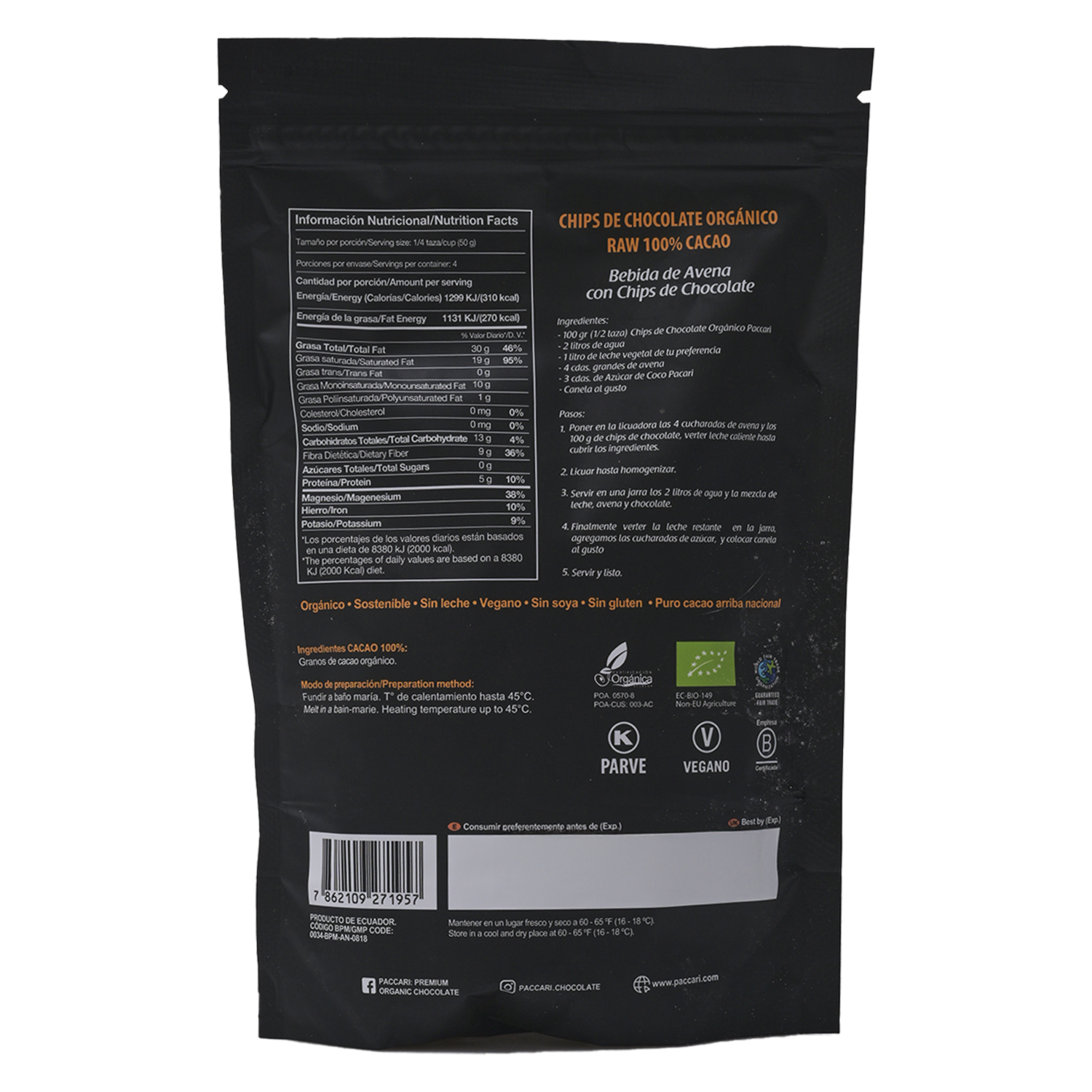 Gotas De Chocolate Orgánico 100% PACCARI 200 G