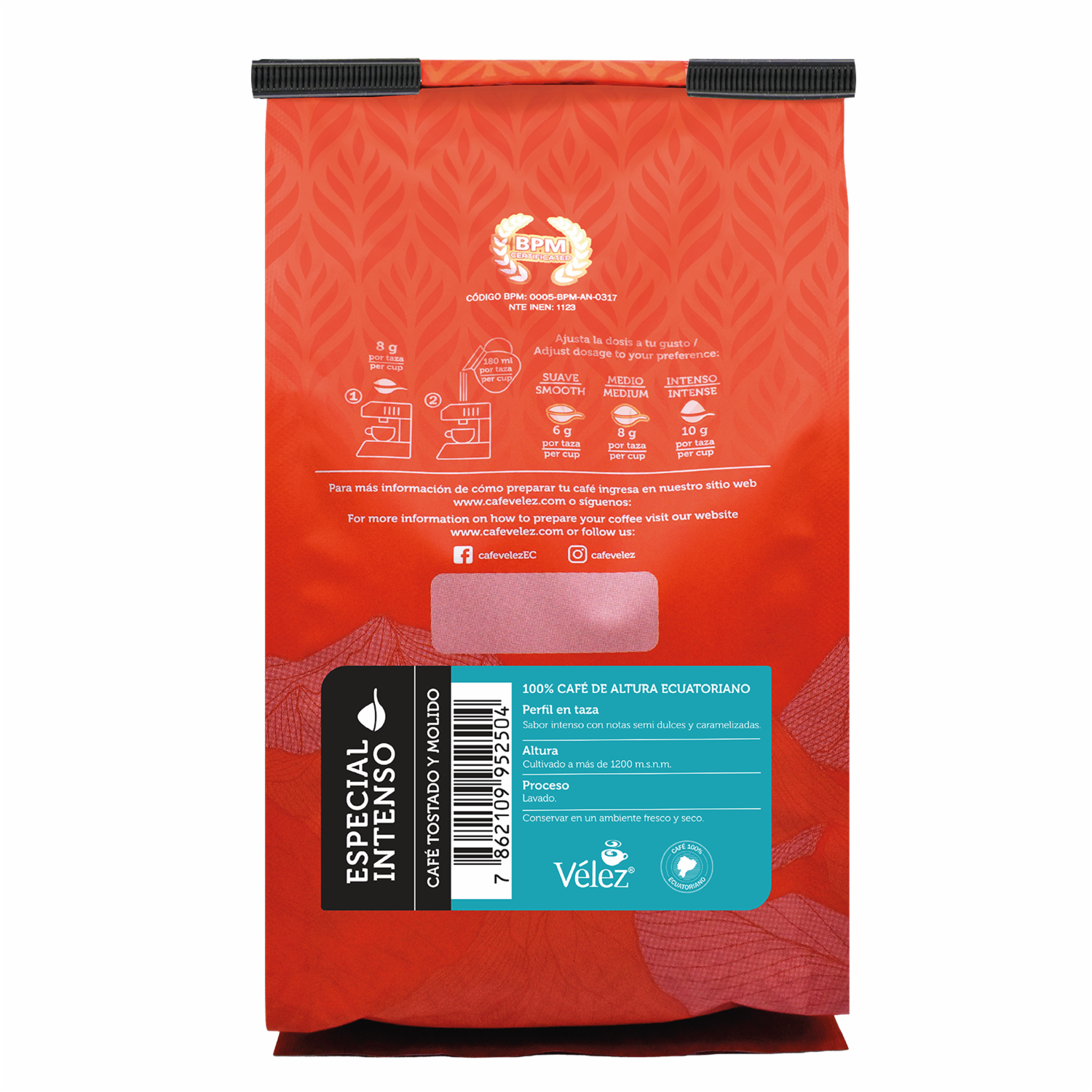 Café Tostado Y Molido Fino Ecuatoriano Especial Intenso VÉLEZ 400 G