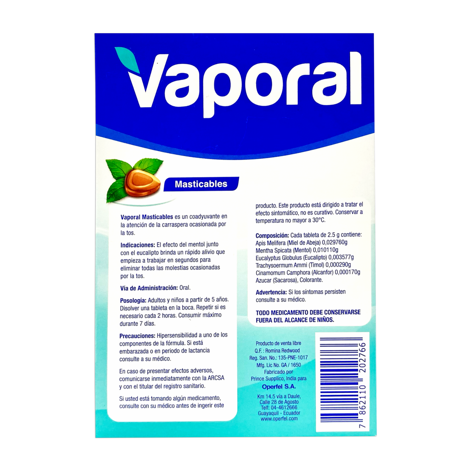 Expectorante Masticable En Tabletas Sabor Mentol Eucaliptus VAPORAL 150 G