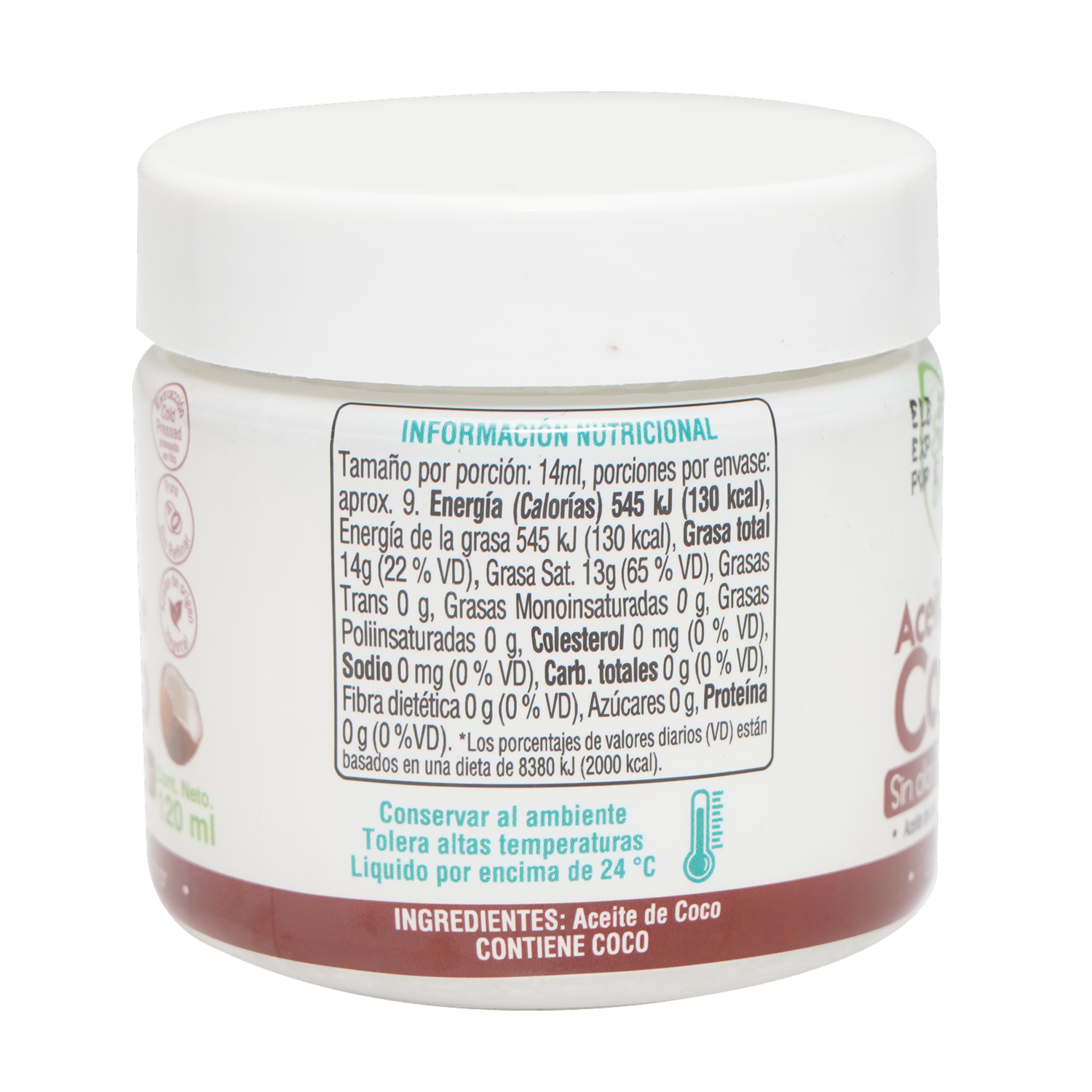 Aceite De Coco Para Cocinar Sin Olor Y Sin Sabor ECOLOVE 120 Ml