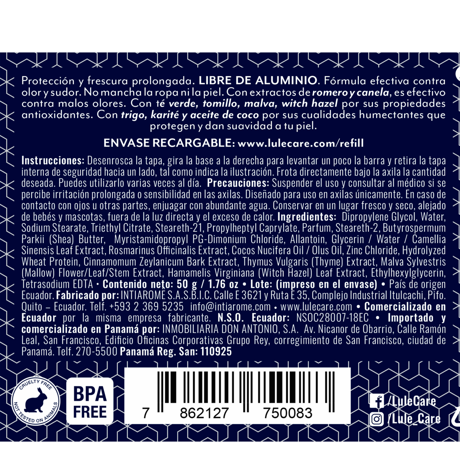 Desodorante En Barra Natural Sin Aluminio Simply Fresh LULË CARË 50 G