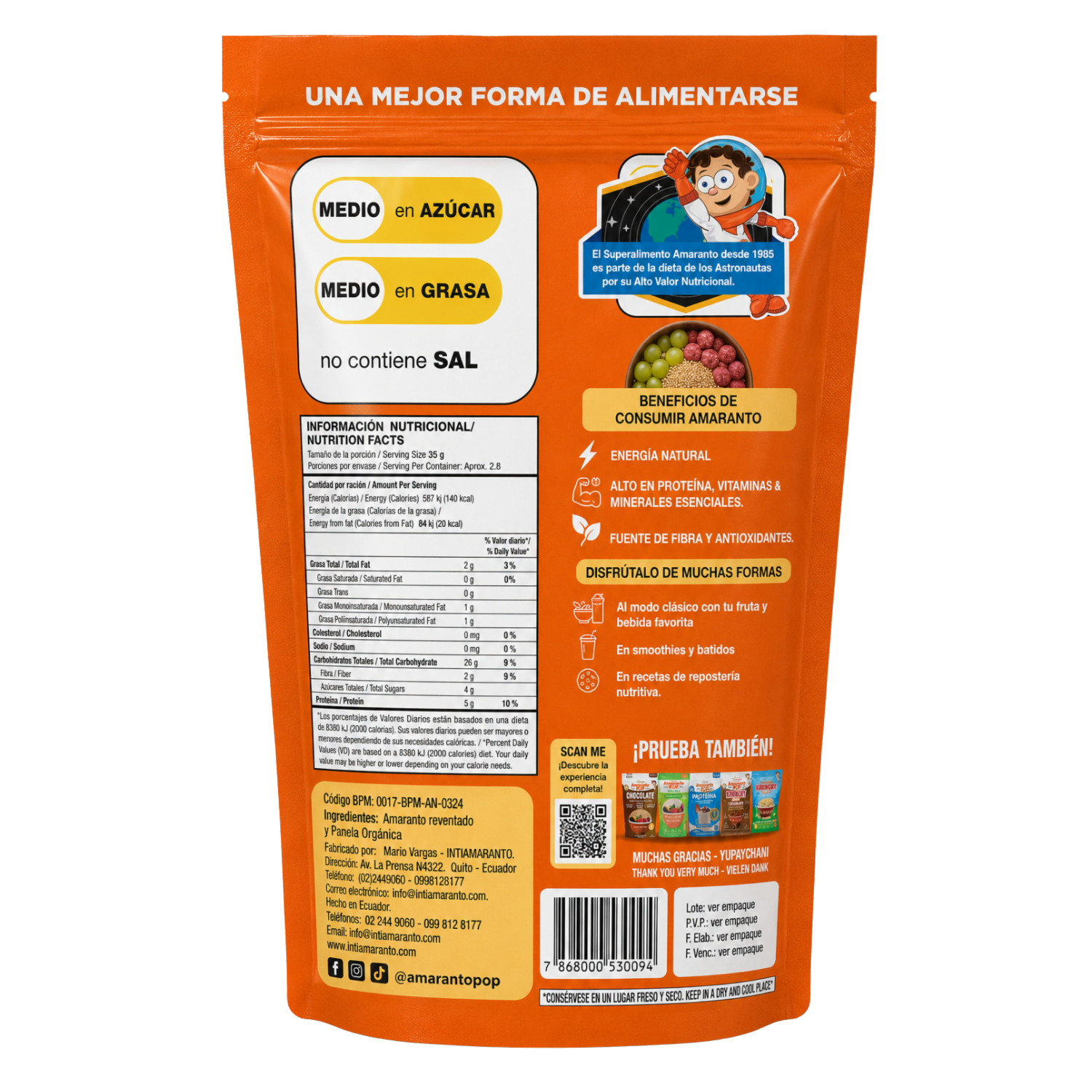 Amaranto Pop Endulzado Con Panela Sin Gluten INTIAMARANTO 100 G