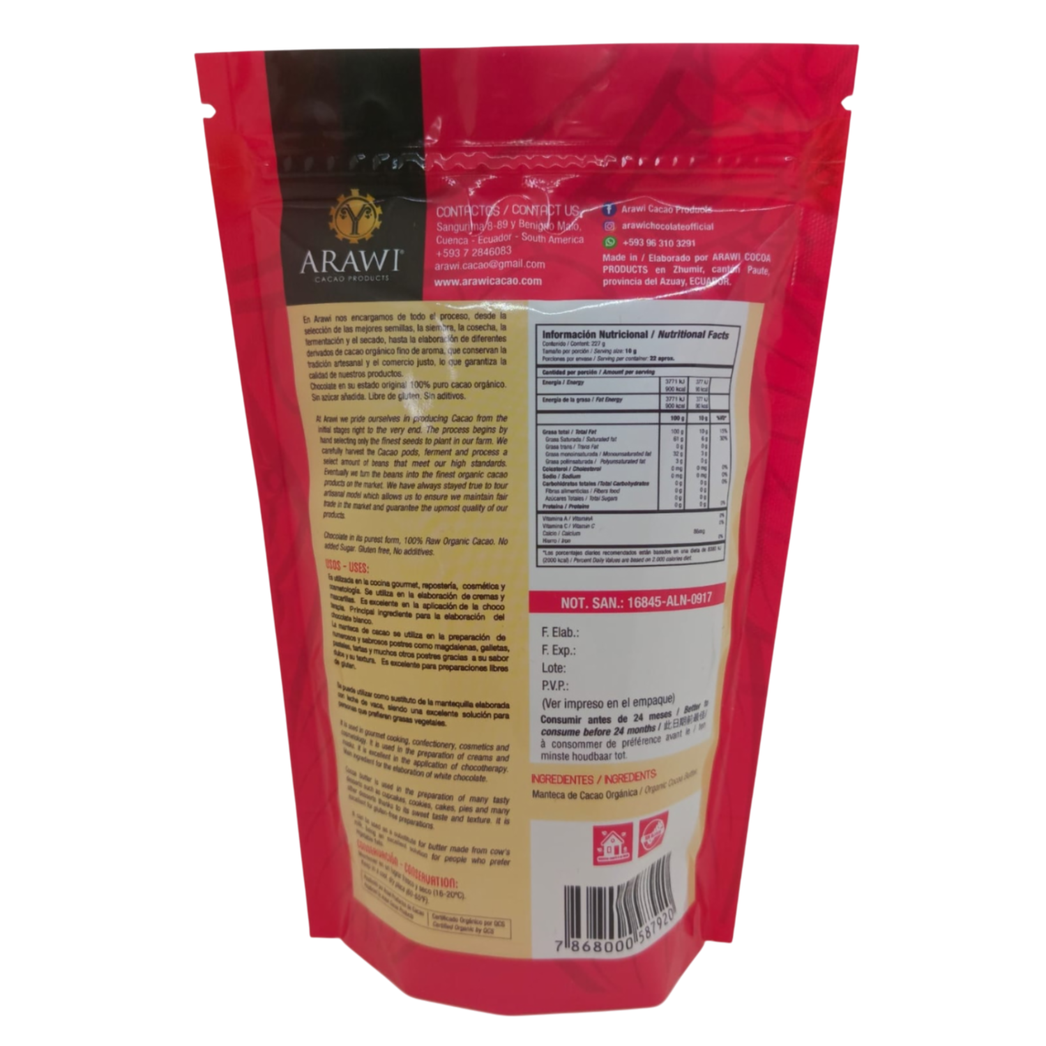 Manteca De Cacao Orgánico ARAWI 227 G