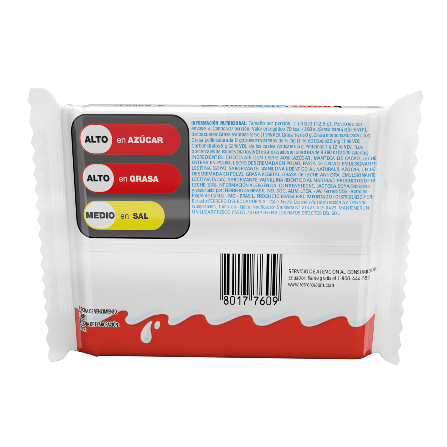 Chocolate En Barra 33% Ingredientes De La Leche KINDER 50 G