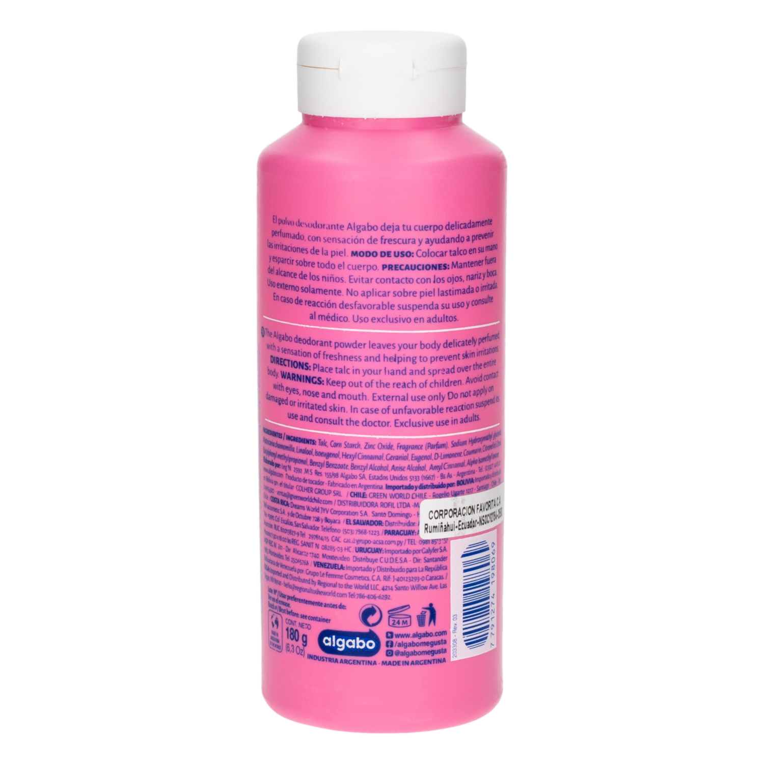 Desodorante En Polvo Corporal Suave Hipoalergénico ALGABO 180 G