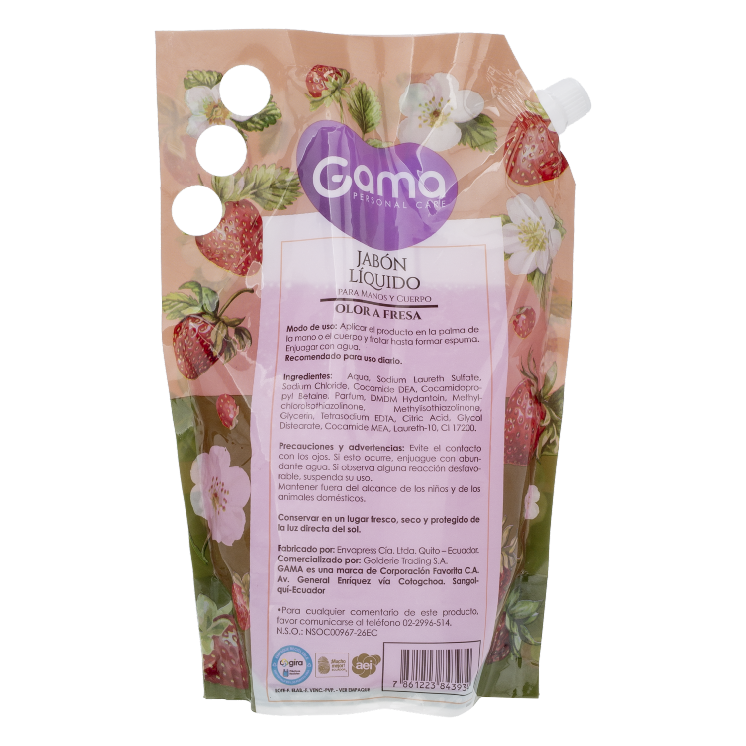 Jabón Líquido Para Manos Aroma Fresa En Doypack GAMA 1000 Ml