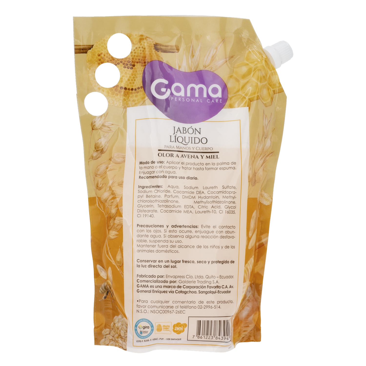 Jabón Líquido Para Manos Aroma Avena Y Miel En Doypack GAMA 1000 Ml