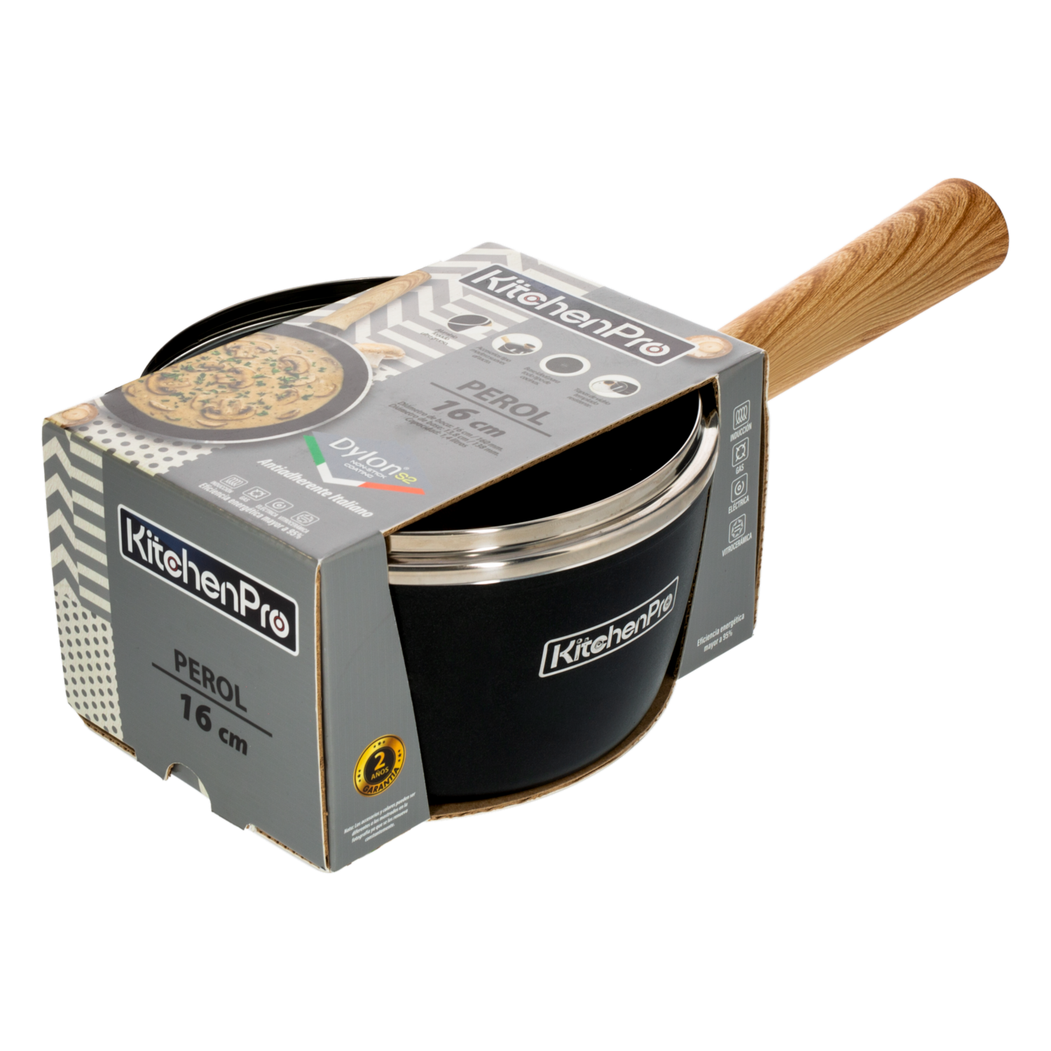 Perol De Inducción Negro Con Tapa KITCHENPRO 16 Cm