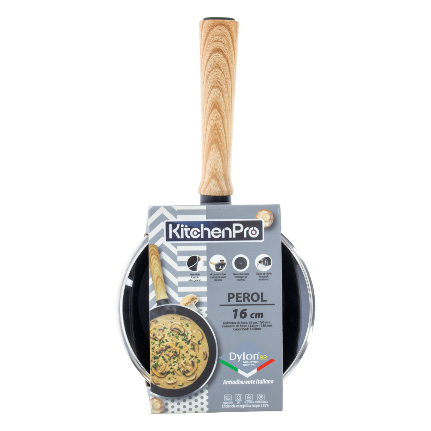 Perol De Inducción Negro Con Tapa KITCHENPRO 16 Cm